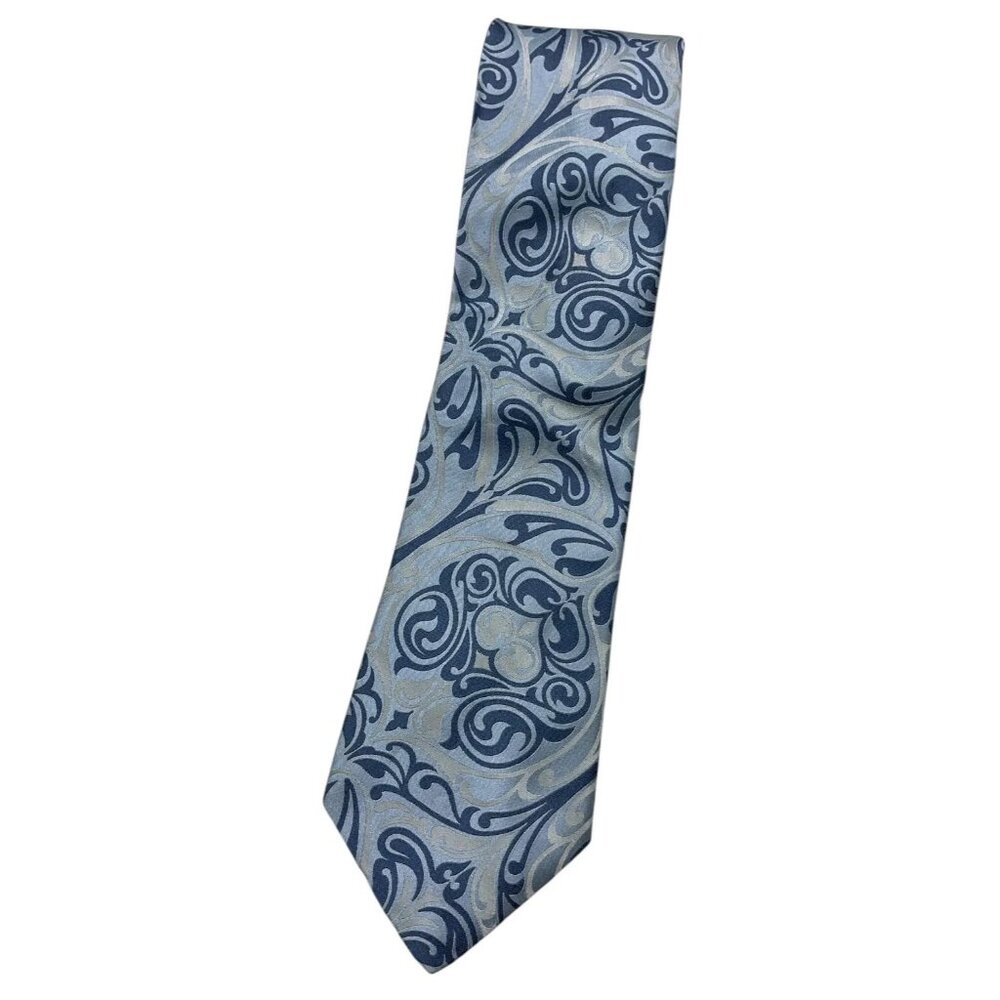 TED BAKER Men's 100% Silk Necktie DESIGNER Blue Gray Silver Paisley W:3.6" EUC